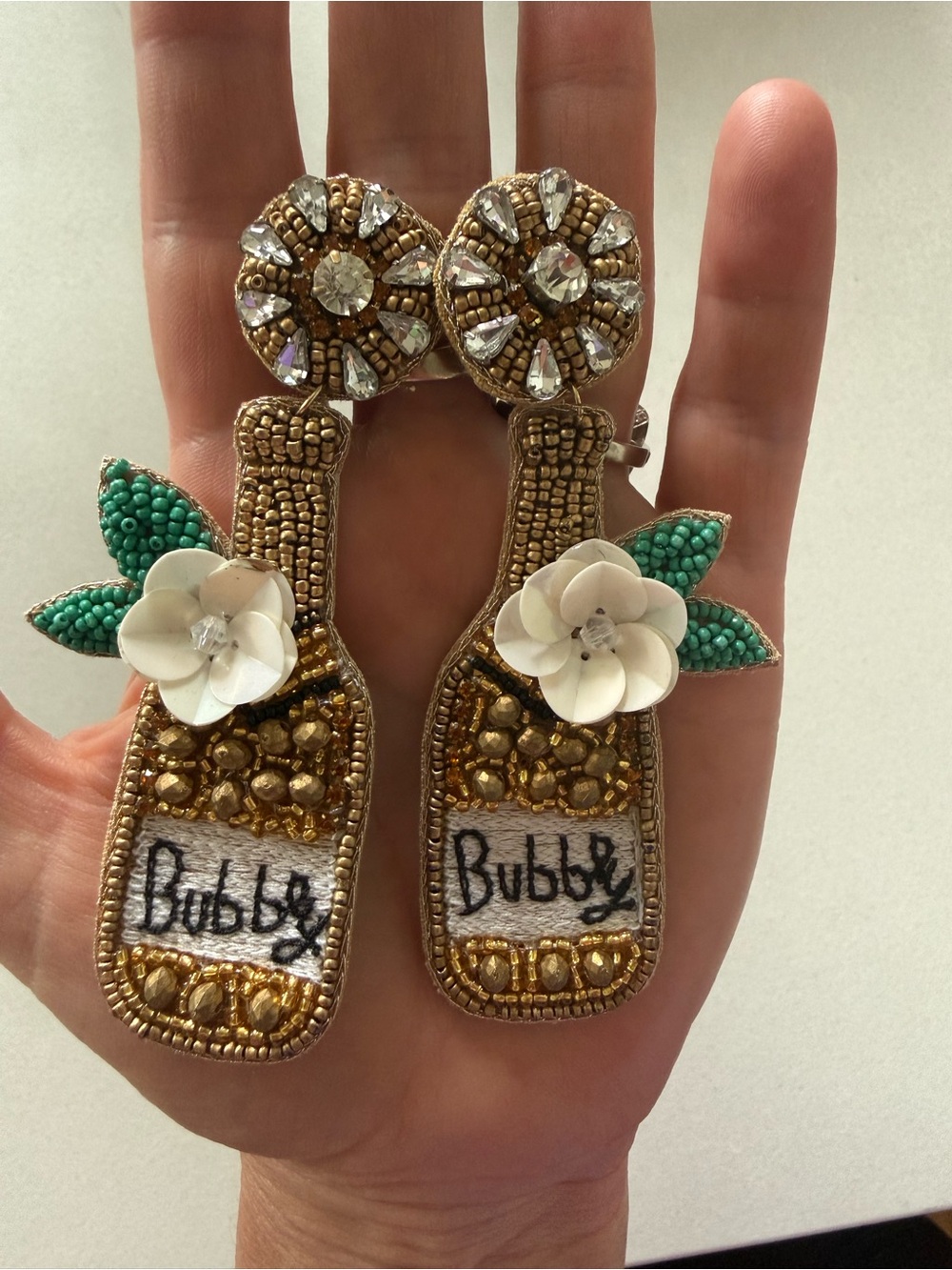 Beaded 'Bubbly' Gold Bottle Drop Earrings
